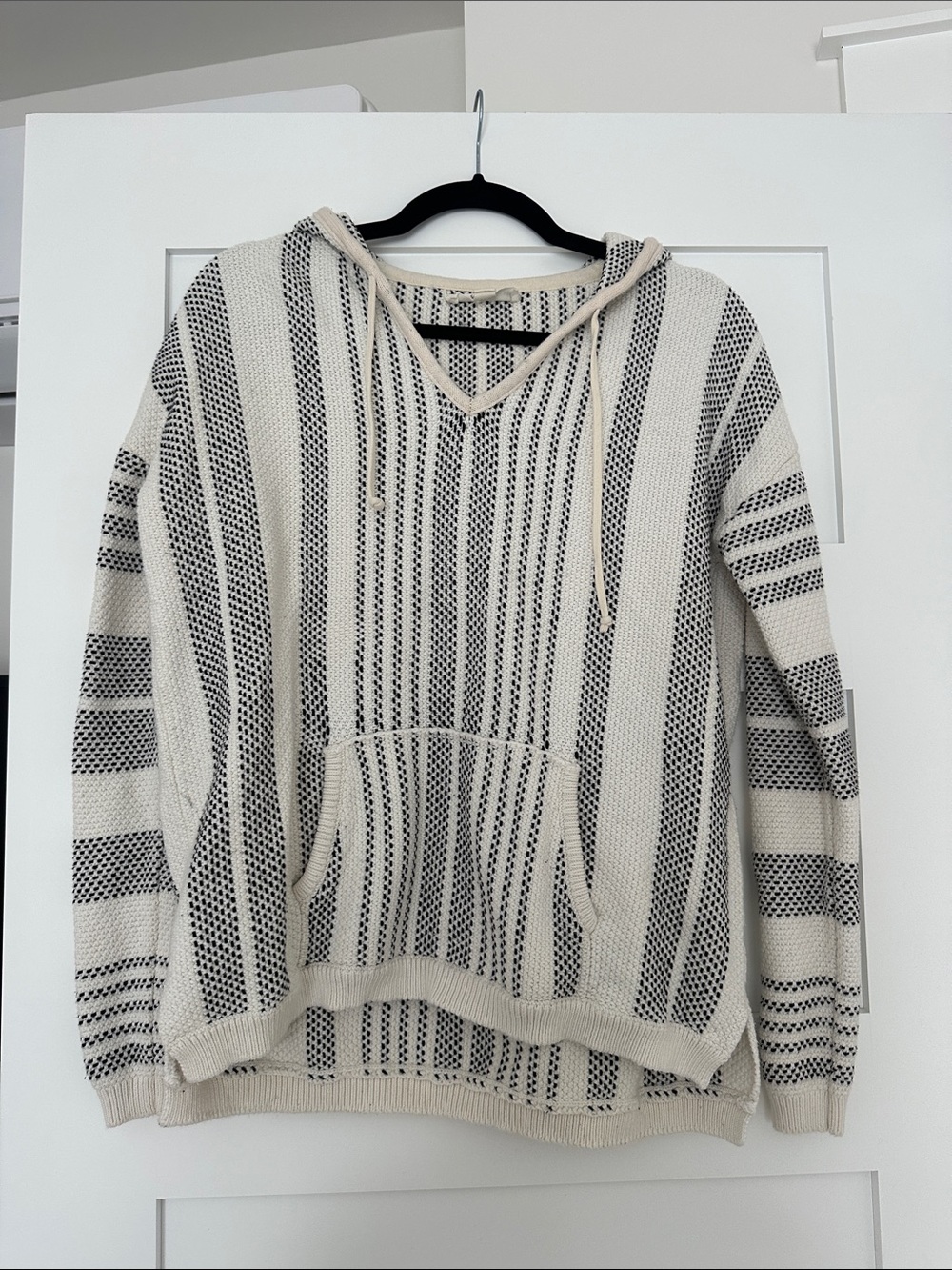LoveStitch Women's Cream and Black Striped V-Neck Sweater Hoodie